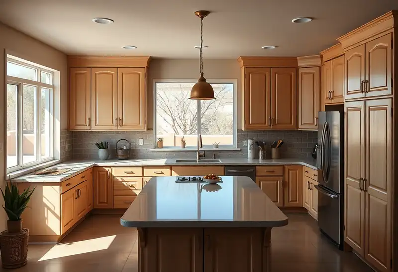 Illustration of kitchen with shaker cabinets and an island in a 1979-era home