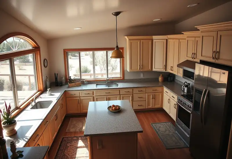 Illustration of kitchen with shaker cabinets and an island in a 1979-era home
