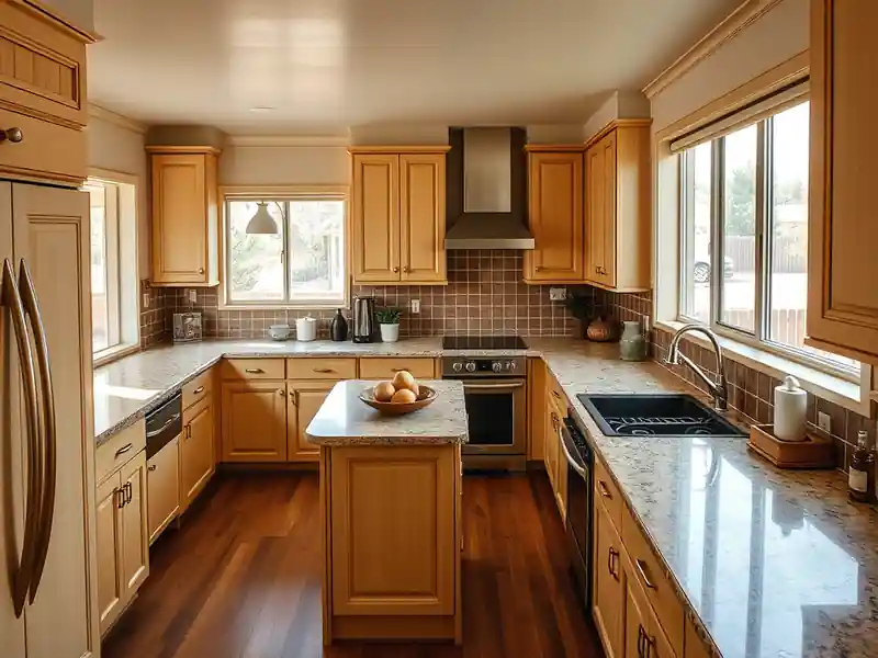 Illustration of close-up of materials and finishes of kitchen with shaker cabinets and an island in a 1979-era home