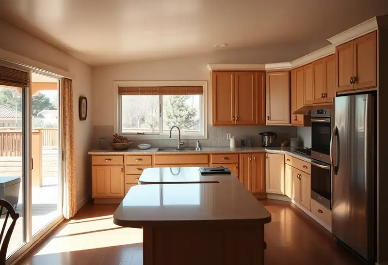 Illustration of kitchen with shaker cabinets and an island in a 1979-era home