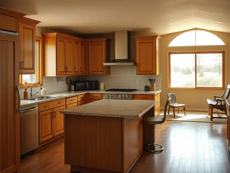 Illustration of close-up of materials and finishes of kitchen with shaker cabinets and an island in a 1979-era home