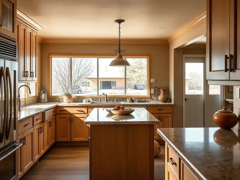 Illustration of close-up of materials and finishes of kitchen with shaker cabinets and an island in a 1979-era home
