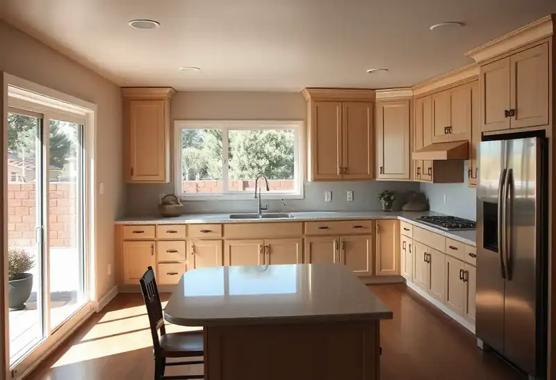 Illustration of kitchen with shaker cabinets and an island in a 1979-era home