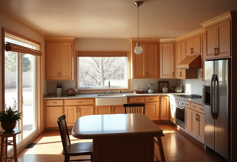 Illustration of kitchen with shaker cabinets and an island in a 1979-era home