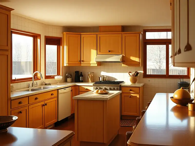 Illustration of close-up of materials and finishes of kitchen with shaker cabinets and an island in a 1979-era home