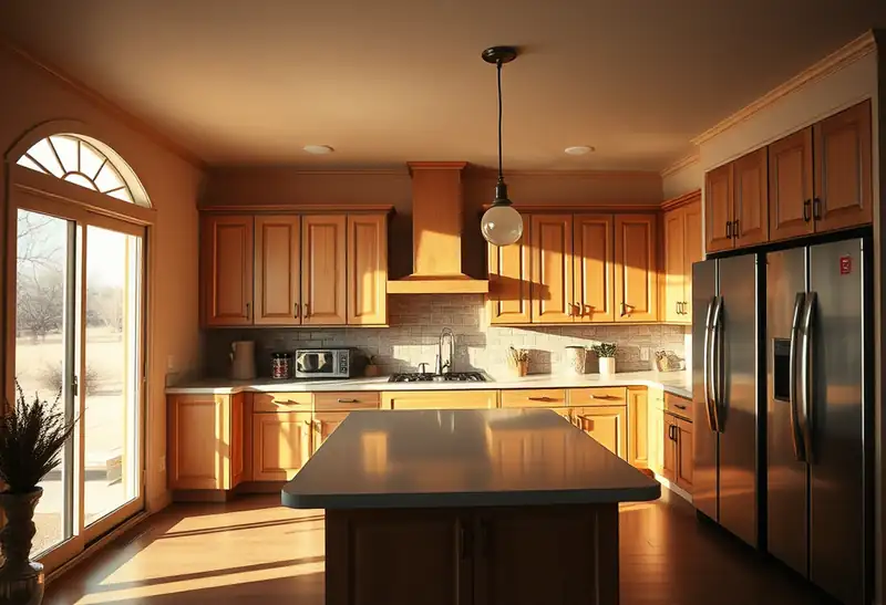 Illustration of kitchen with shaker cabinets and an island in a 1979-era home