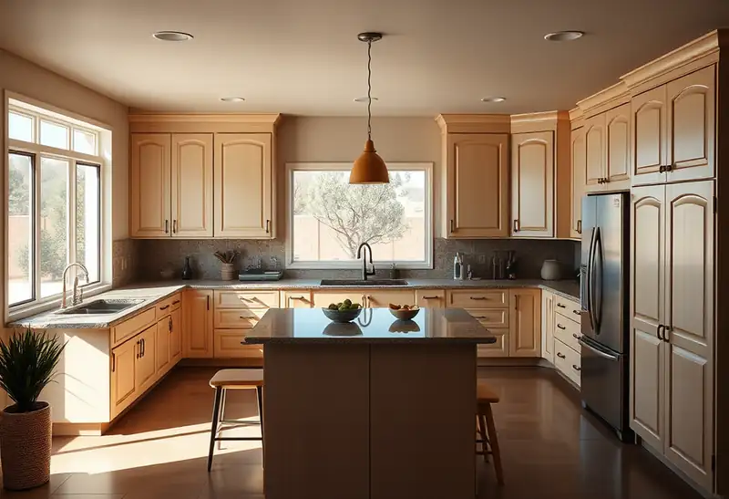 Illustration of kitchen with shaker cabinets and an island in a 1979-era home