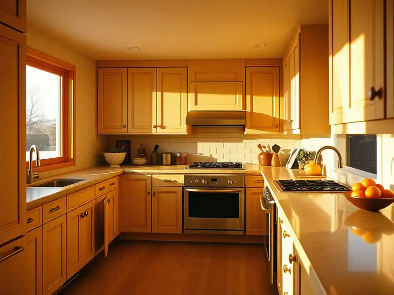 Illustration of a modern kitchen with wooden cabinets and countertops, featuring a double sink and stove.