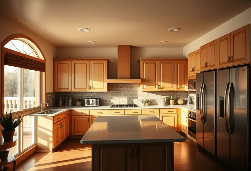 Illustration of kitchen with shaker cabinets and an island, as found in 1979-era homes