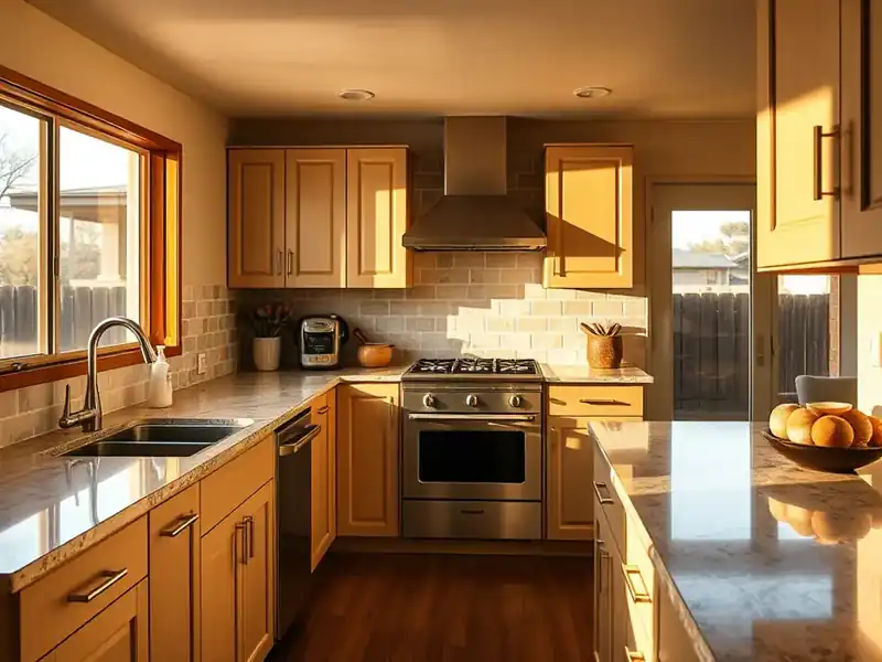 Illustration of close-up of materials and finishes of kitchen with shaker cabinets and an island, as found in 1979-era San Di