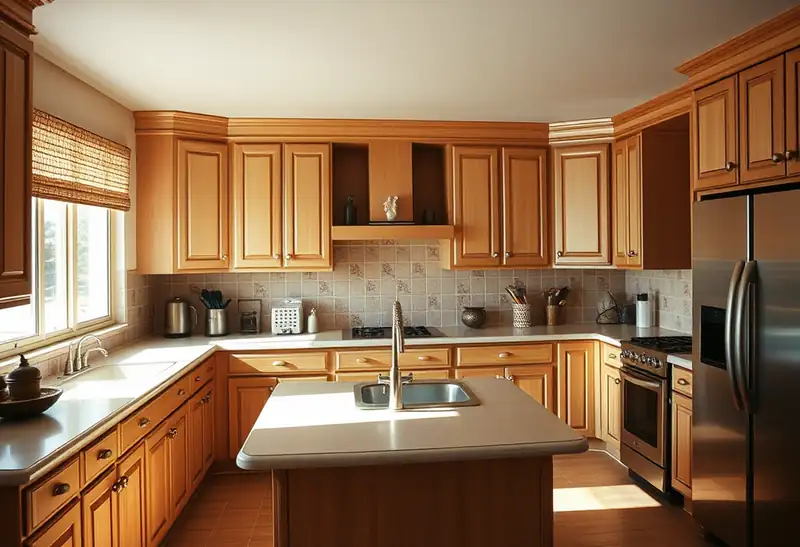 Illustration of kitchen with shaker cabinets and an island in a 1979-era home