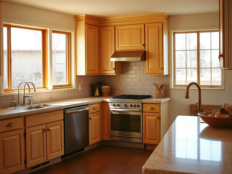 Illustration of close-up of materials and finishes of kitchen with shaker cabinets and an island in a 1979-era home