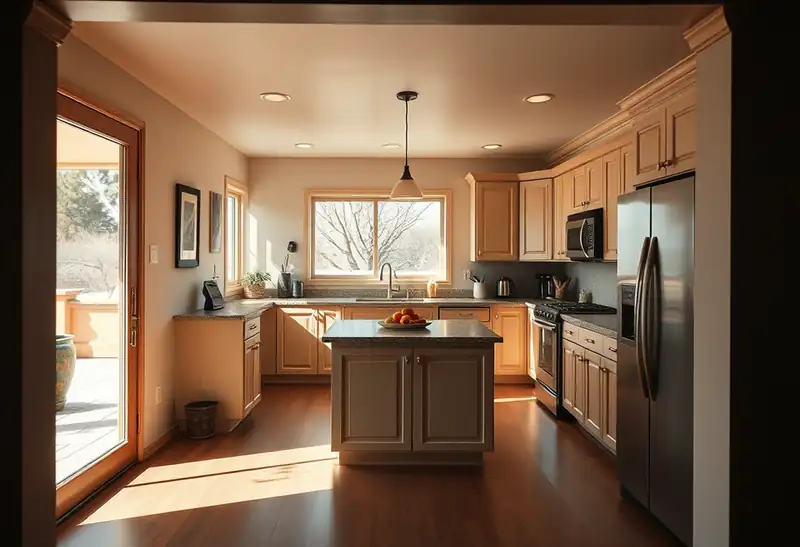 Illustration of kitchen with shaker cabinets and an island in a 1979-era home