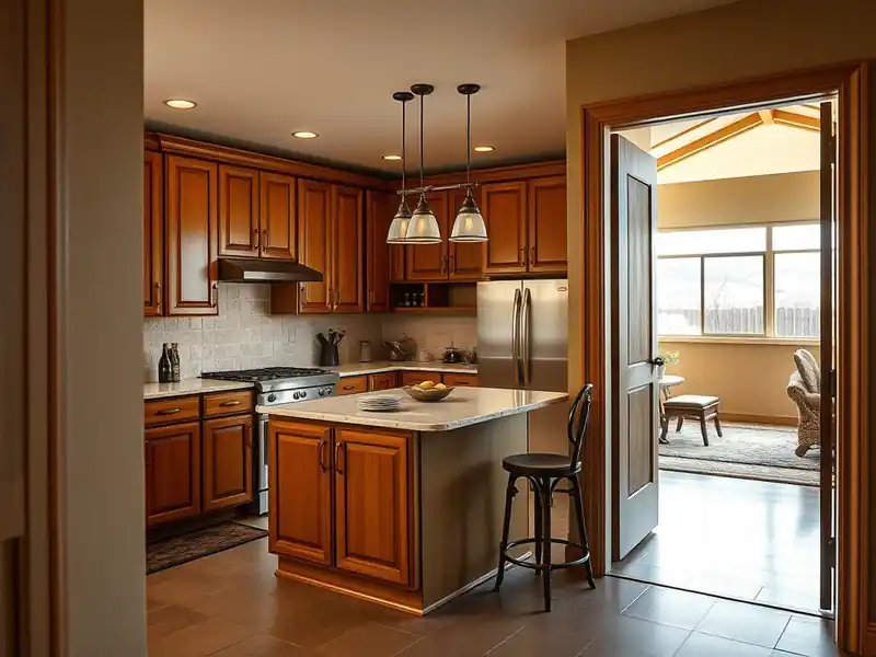 Illustration of close-up of materials and finishes of kitchen with shaker cabinets and an island in a 1979-era home